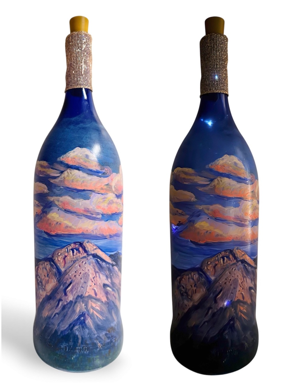 Hand Painted Wine Bottle with Fairy Lights New Mexico Sunset Painting Art Decor